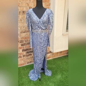 Mac Duggal Blue Puff Sleeve Slit Gown